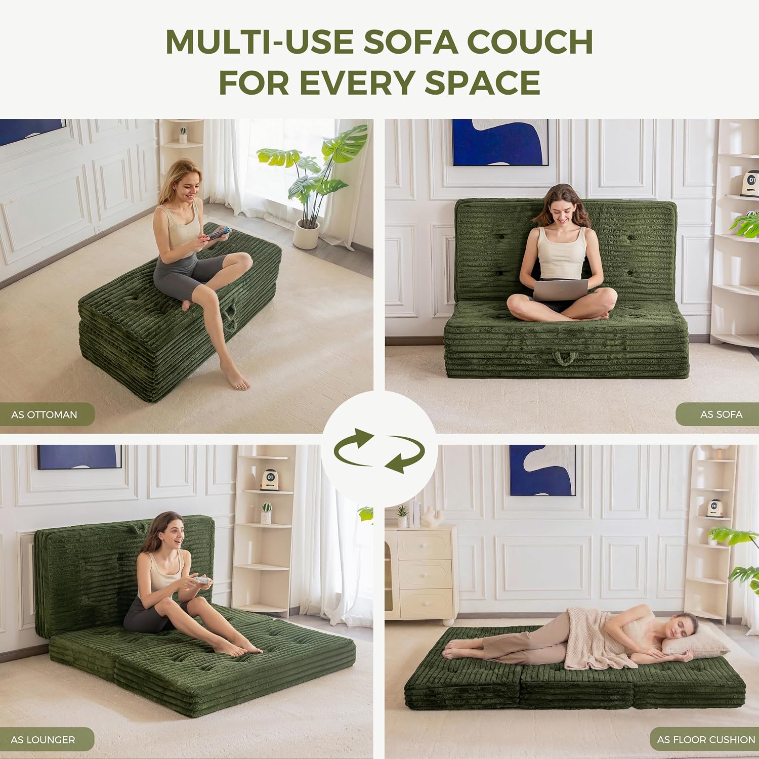 MAXYOYO Floor Sofa Couch, 6 Inch Tri-Fold Floor Sofa Bed, Folding Mattress with Handles, Soft Faux Fur Folding Bed with Supportive Foam Filling, Portable Couch for Living Room, Full, Dark Green