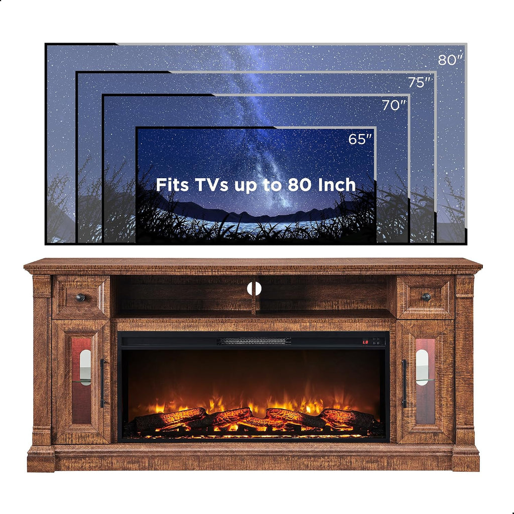OKD 70" Farmhouse Fireplace TV Stand for TVs Up to 80", Reclaimed Barnwood | 42" Electric Fireplace, Color Changing Flame, 2 Open Cubbies, 2 Spacious Drawers, LED Glass Door Cabinets, Retro Handles