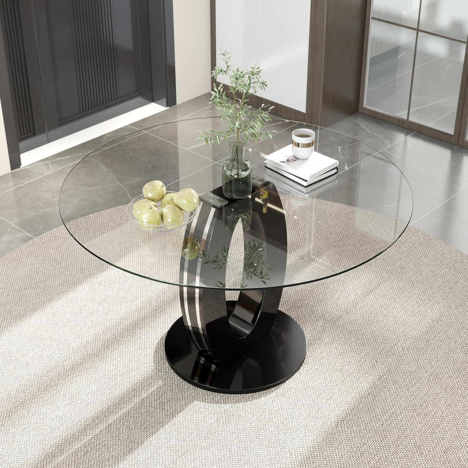 RGZ 47'' Modern Luxury Clear Glass Round Dining Table for 4-6, Glass Circle Top Kitchen Table with Elegant Silver Decorative Strips & Black Base, Circular Apartment Dinner Table for Home, Living Room