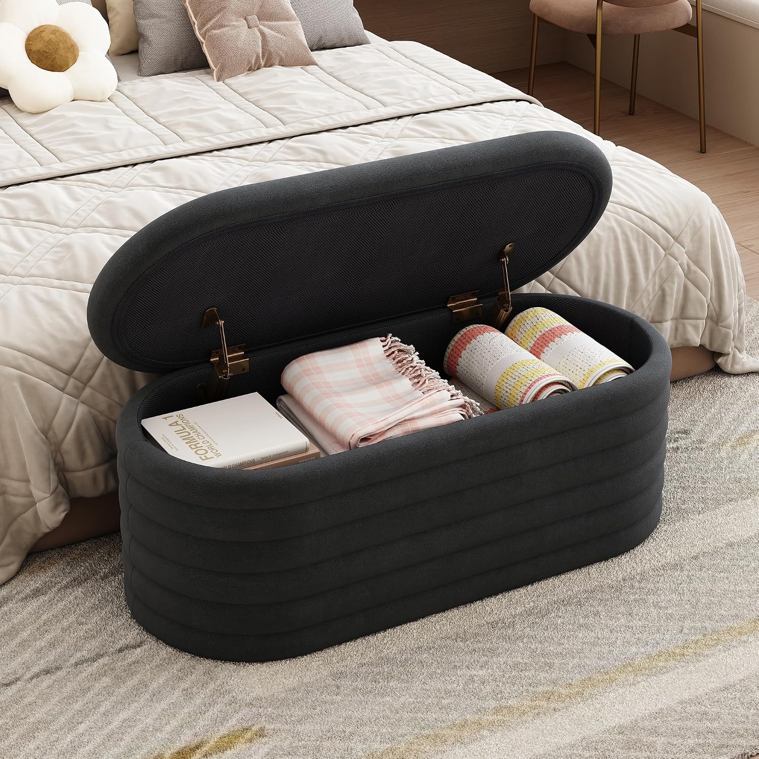 40 inch Upholstered Storage Ottoman Bench,Ready to go,Black