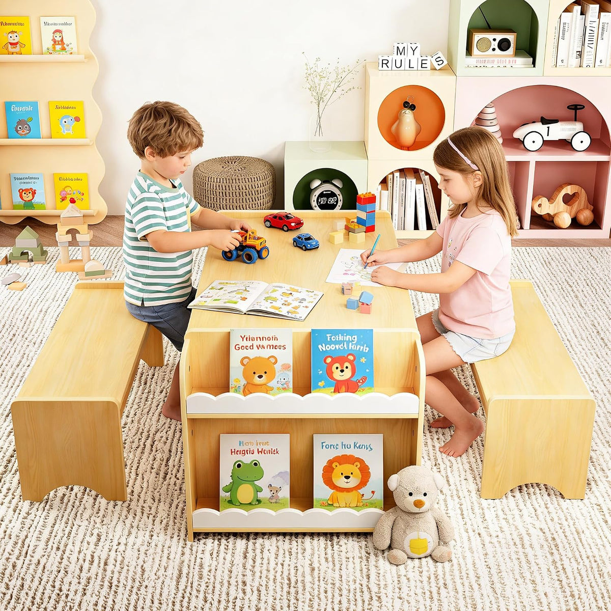 Xilingol Montessori Kids Table and Bench Set with Storage, Wooden Toddler Desk and Chairs Set, Indoor Activity Craft Table for Playroom, Boys, Girls (Natural)