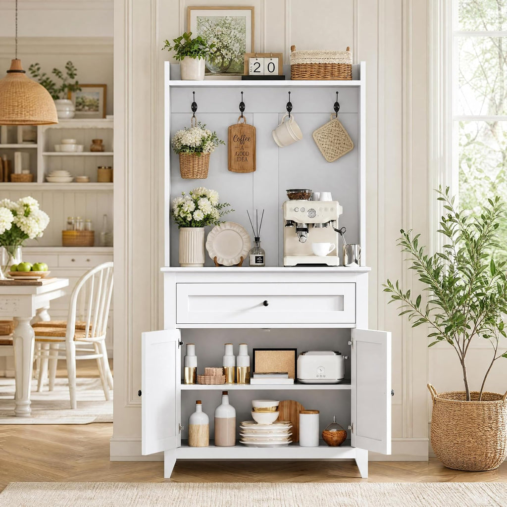 Garvee Pantry Cabinet with 4 Hooks, Kitchen Pantry Cabinet, Coffee Bar Table with Drawer & Adjustable Shelves, White