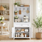 Garvee Pantry Cabinet with 4 Hooks, Kitchen Pantry Cabinet, Coffee Bar Table with Drawer & Adjustable Shelves, White