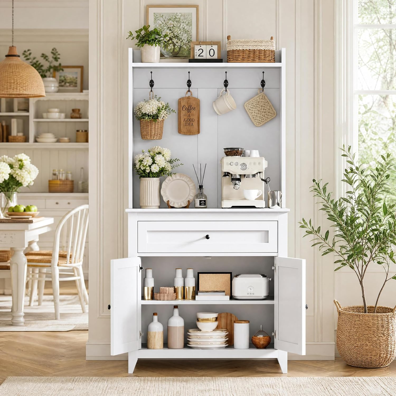 Garvee Pantry Cabinet with 4 Hooks, Kitchen Pantry Cabinet, Coffee Bar Table with Drawer & Adjustable Shelves, White