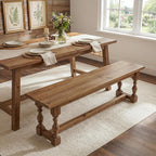 Rustic Solid Wood Entryway Bench, 59.1" Long Farmhouse Dining Seat with Turned Legs, End of Bed Bench for Entryway, Dining Room, Bedroom, Holds Up to 300 lb, Easy Assembly, Natural Brown