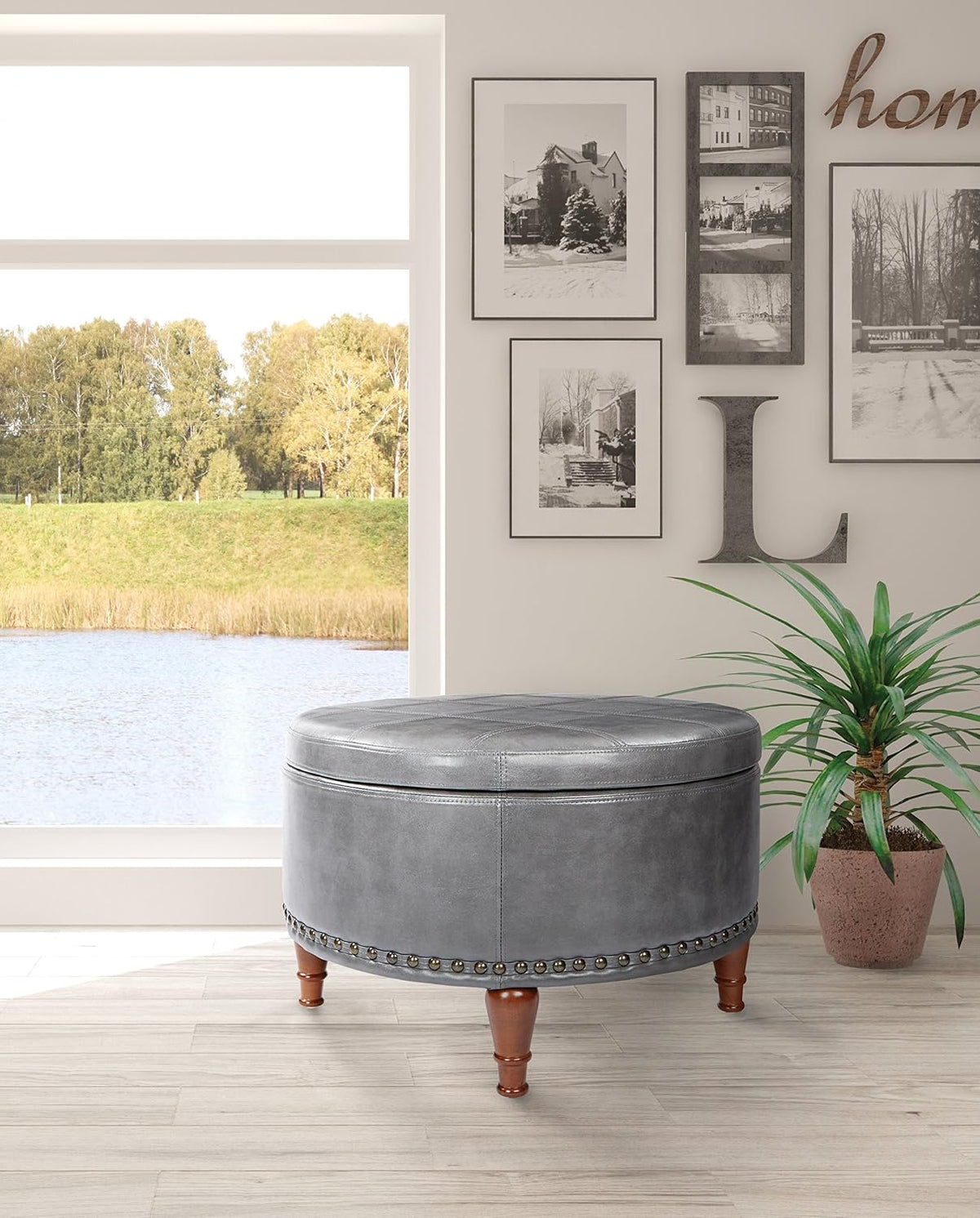 OSP Home Furnishings Alloway Storage Ottoman with Antique Bronze Nailheads, Pewter Faux Leather