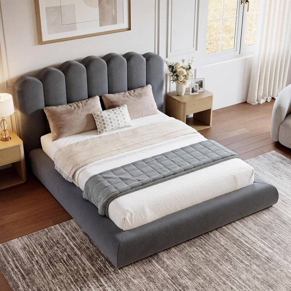 Queen Size Cloud Bed Frame with Wave Headboard, Plush Foam Upholstered Platform, Soft Rounded Safety Corners, No Box Spring Required, Noise-Free, Easy Assembly, Grey