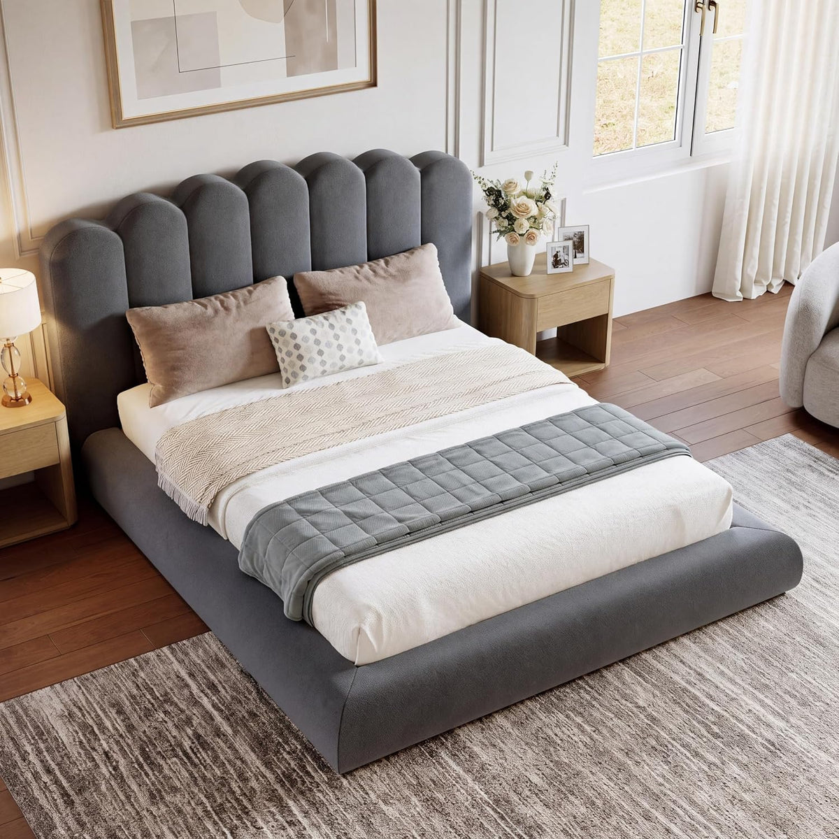 Queen Size Cloud Bed Frame with Wave Headboard, Plush Foam Upholstered Platform, Soft Rounded Safety Corners, No Box Spring Required, Noise-Free, Easy Assembly, Grey
