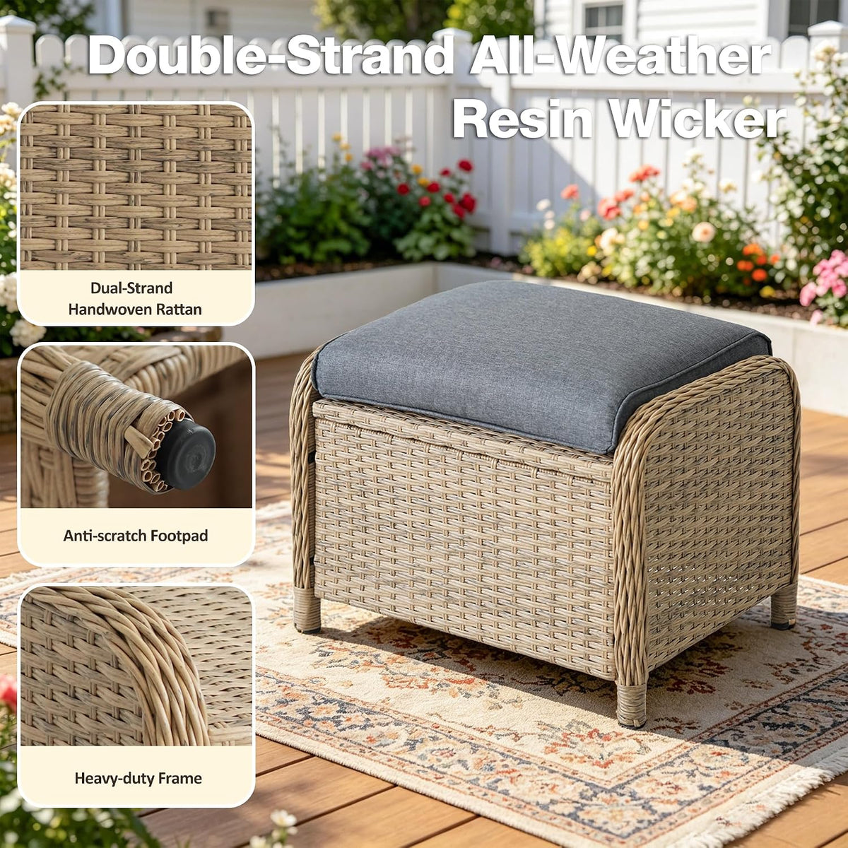 Patio Ottomans Set of 2 with 3.6" Thick Cushions, Wicker Outdoor Couch Extension Set, Wicker Footstool All-Weather Rattan Seating Accessory for Backyard Furniture