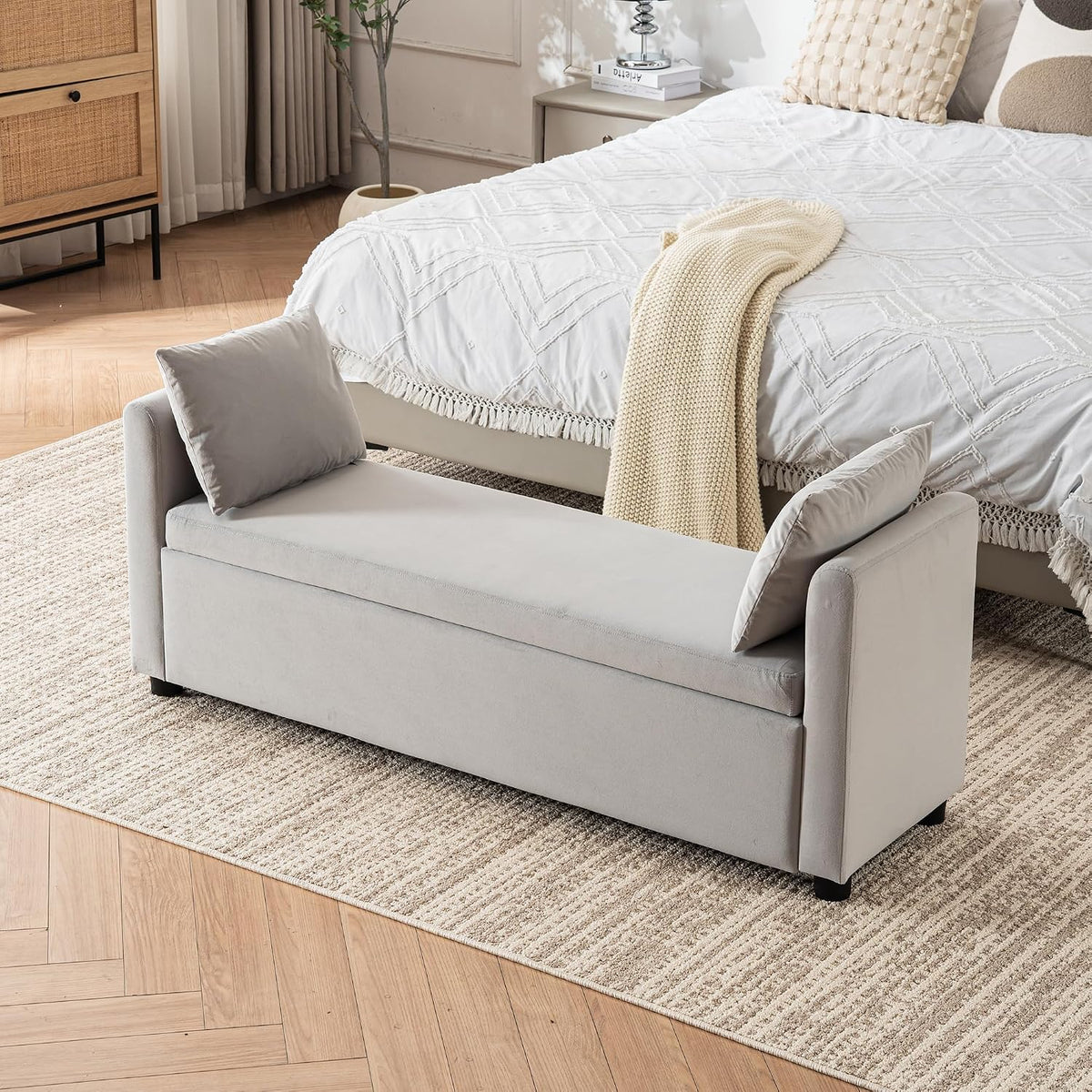 Storage Bench for Bedroom, 55" End of Bed Bench for King Size Bed, Modern Upholstered Long Ottoman Bench with Arms and 2 Pillows for Living Room/Entryway (Grey)