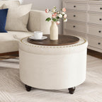 24 Inch Round Storage Ottoman,Modern Tufted Ottomans,Circular Coffee Table with Removable Top,Upholstered Large Ottoman with Storage Footrest Stool for Bedroom Living Room (White)