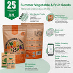 25 Summer Vegetable & Fruit Seeds Variety Pack - 1,870+ Non-GMO Heirloom Veggie & Fruits Seeds for Outdoors and Indoor Home Gardening, Including Collards, Tomato, Pepper, Okra, Onion, Bean, Cucumber