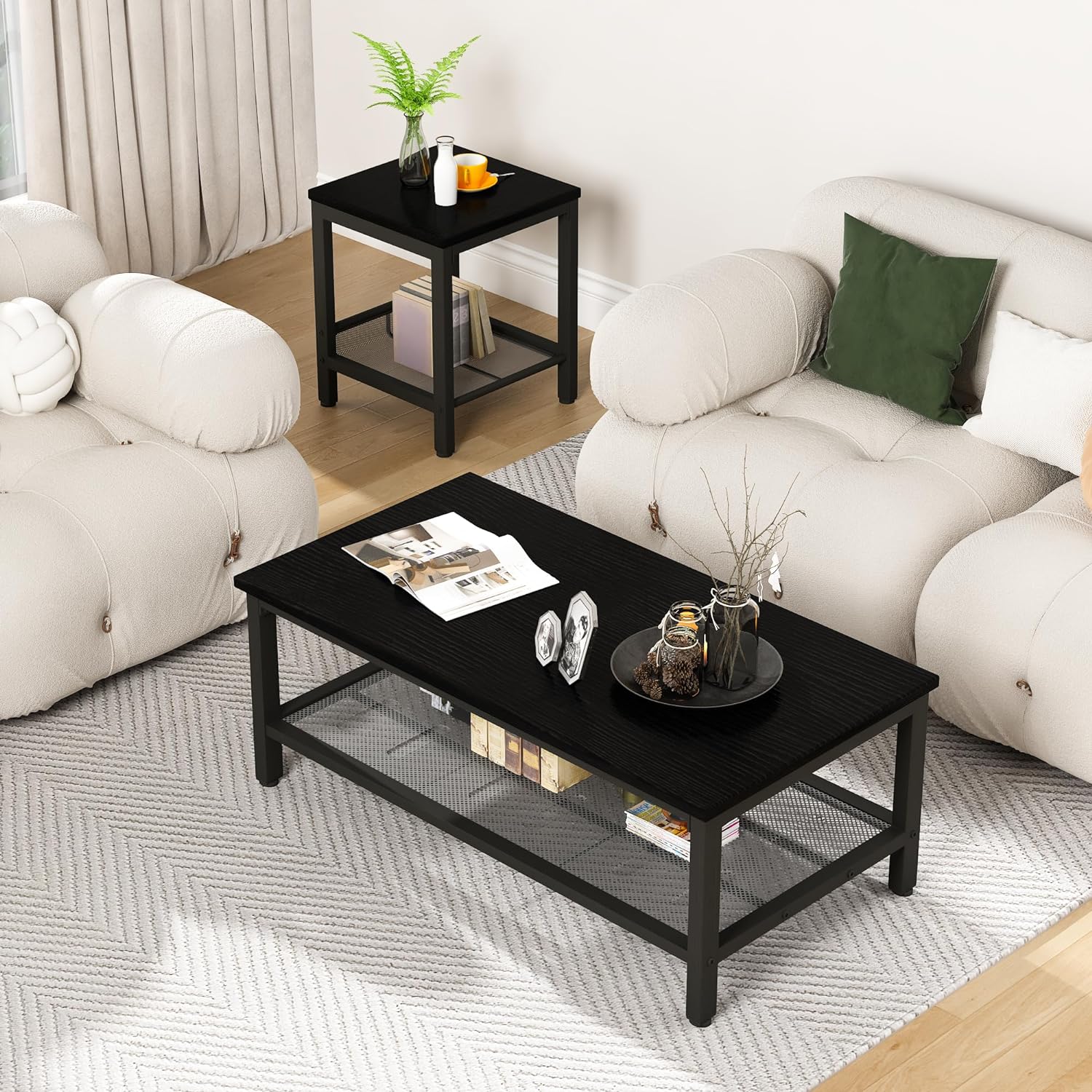 AWQM Coffee Table Set of 3, Industrial Coffee Table with 2 Square End Side Tables, Modern Living Room Table Set with Metal Frame for Apartment Home Office, Black