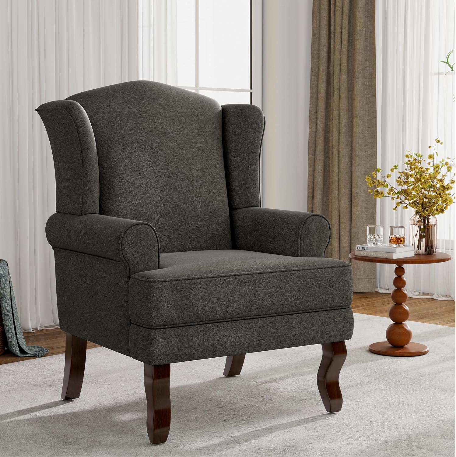 Lumibee High Back Accent Chair, Comfy Armchair with Solid Wood Legs for Living Room, Upholstered Accent Chair for Small Space, Single Sofa Reading Chairs for Office-Dark Gray