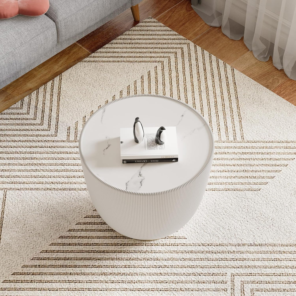 SSLine Bowl-Shape Small Coffee Table Modern Sintered Stone Top Coffee Table in Cream White Leatherette Unique Bowl Side End Table for Living Room Bedroom