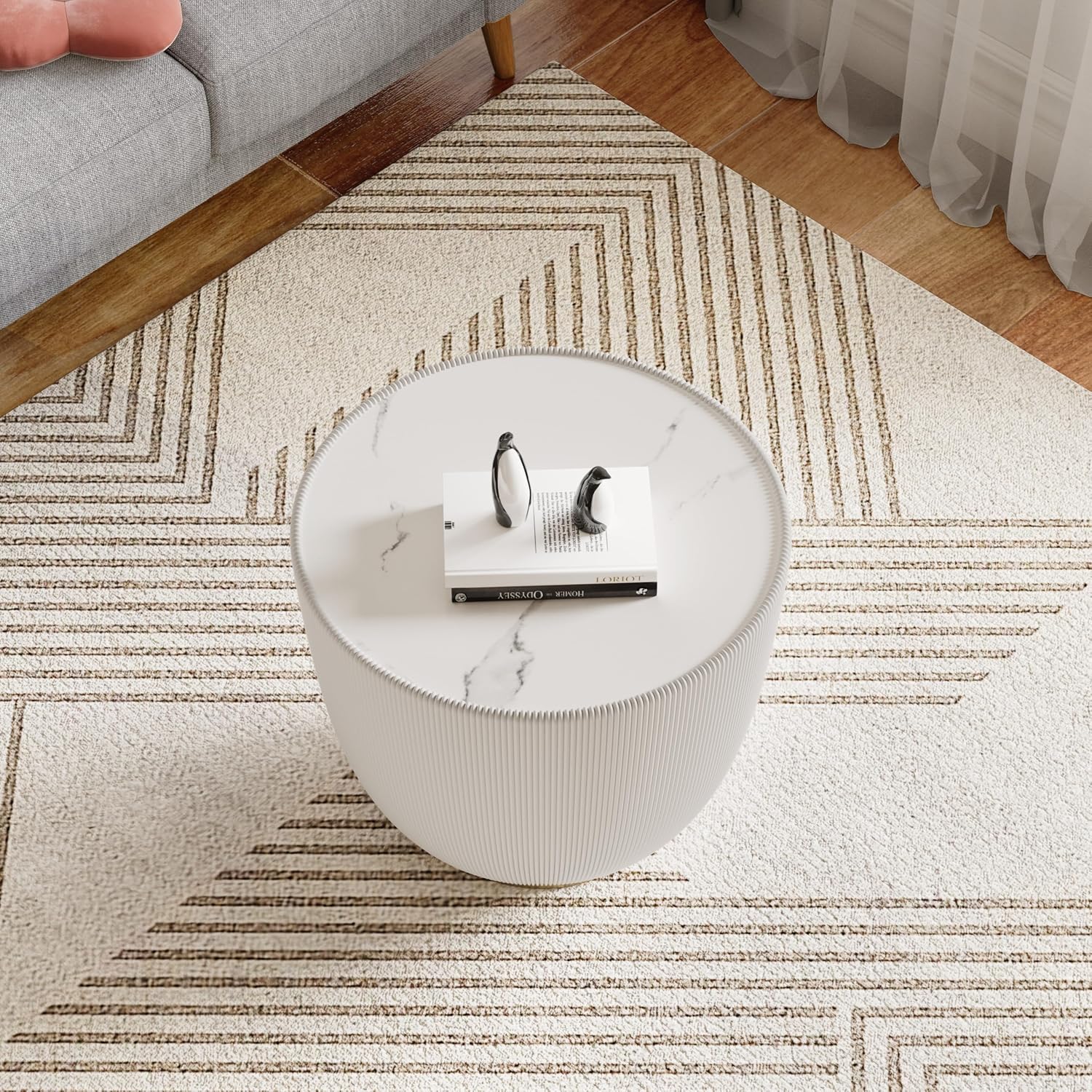 SSLine Bowl-Shape Small Coffee Table Modern Sintered Stone Top Coffee Table in Cream White Leatherette Unique Bowl Side End Table for Living Room Bedroom