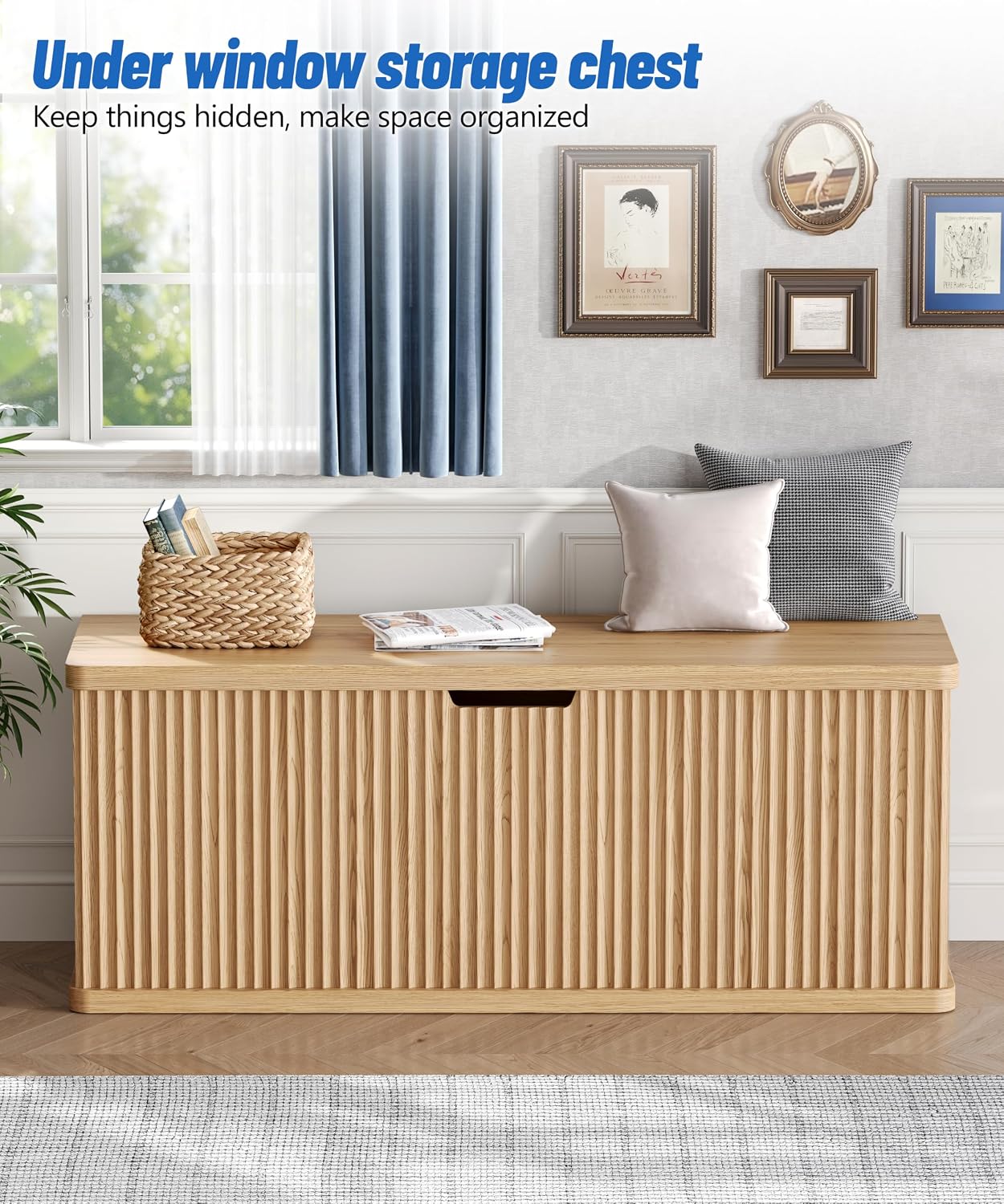 Akxomel 45.3" Fluted Storage Chest Wooden Storage Trunk 2 Safety Hinges Oak | Storage Chest with 2 Safety Hinges & Lift Top, Wooden Box Bench with Curved Profile, for Living Room, Entryway, Bedroom