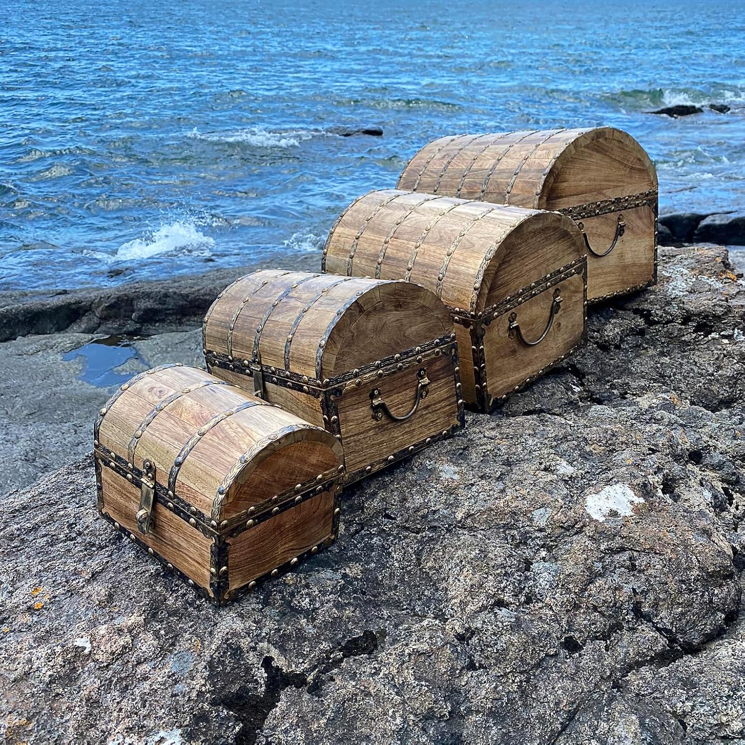 Nautical Cove Antiqued Finished Wood Treasure Chest with Decorative Rivets and Reinforcing Iron Strips with Lock and Skeleton Keys (Light Antique, Small 8 x 6 x 6)