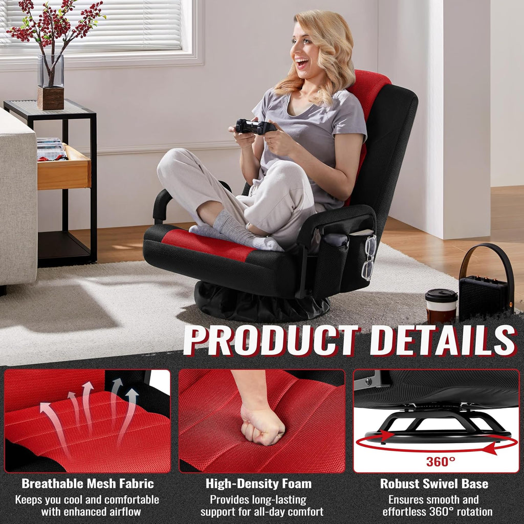 Yaheetech Floor Gaming Chair High-Back Swivel Adjustable Folding Seat Red | Foam-padded polyester mesh seat on an iron frame swivels 360°, reclines for gaming or TV, and folds flat for easy storage.