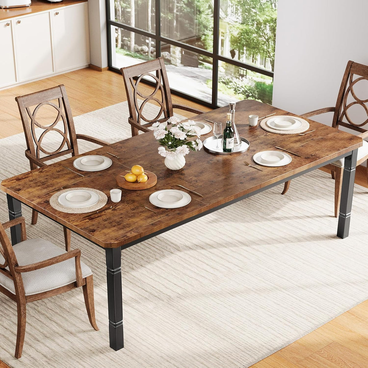 IDEALHOUSE 71" Dining Table for 6-8 People, Modern Rectangular Kitchen Table with Sturdy Metal Legs, Large Wood Farmhouse Dining Room Table for Home Office, Conference, Black & Retro