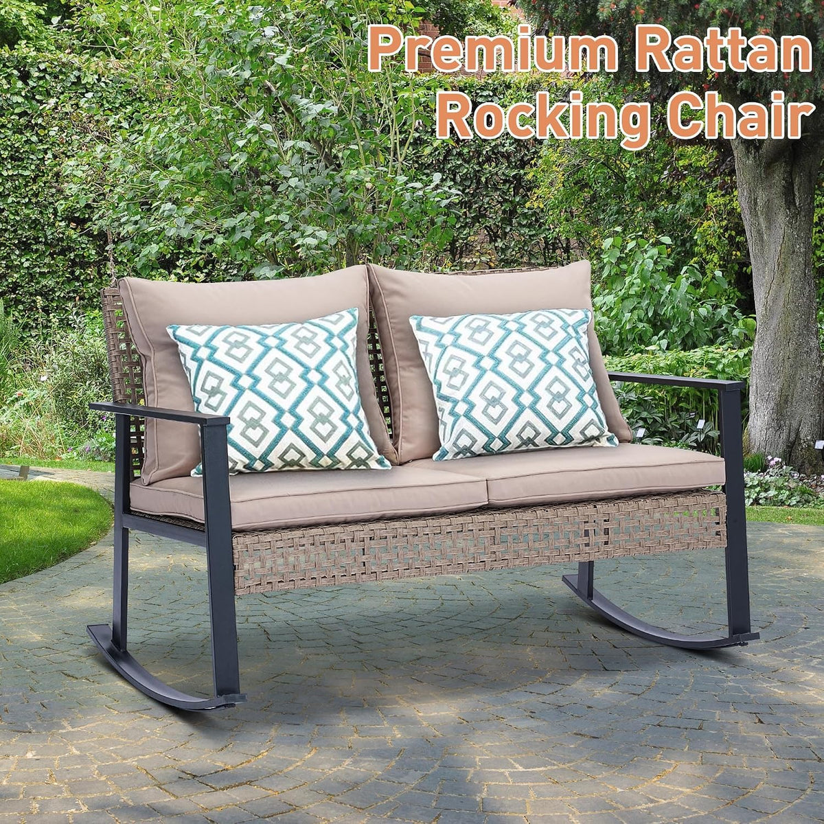 Ainfox Outdoor Wicker Loveseat Rocking Chair, Patio Rattan Rocker Chair with Cushions，All-Weather Modern Cozy Rocking Wicker Furniture for Garden Backyard Porch, Khaki