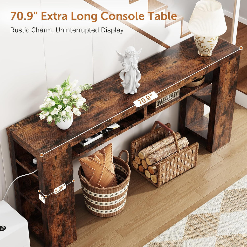 70.8" Extra Long Console Table with Outlets & USB Ports,Farmhouse Sofa Table with Storage Shelves for Behind Couch, Living Room, Entryway, Hallway, Brown