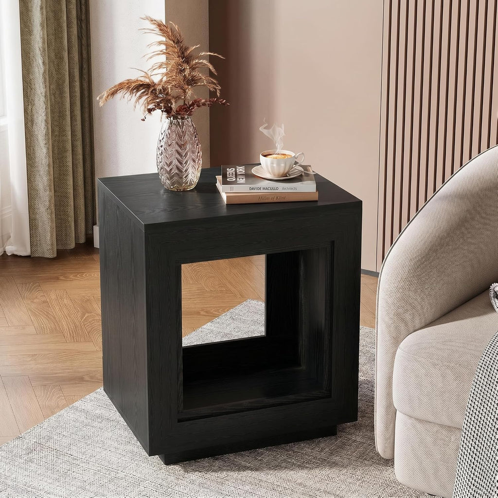 LITTLE TREE End Table with Storage, Wooden Square Side Table, Industrial Sofa Side Tables for Living Room, 2-Tier Bedside Table Nightstand for Bedroom, Chair Side Table for Small Spaces, Black