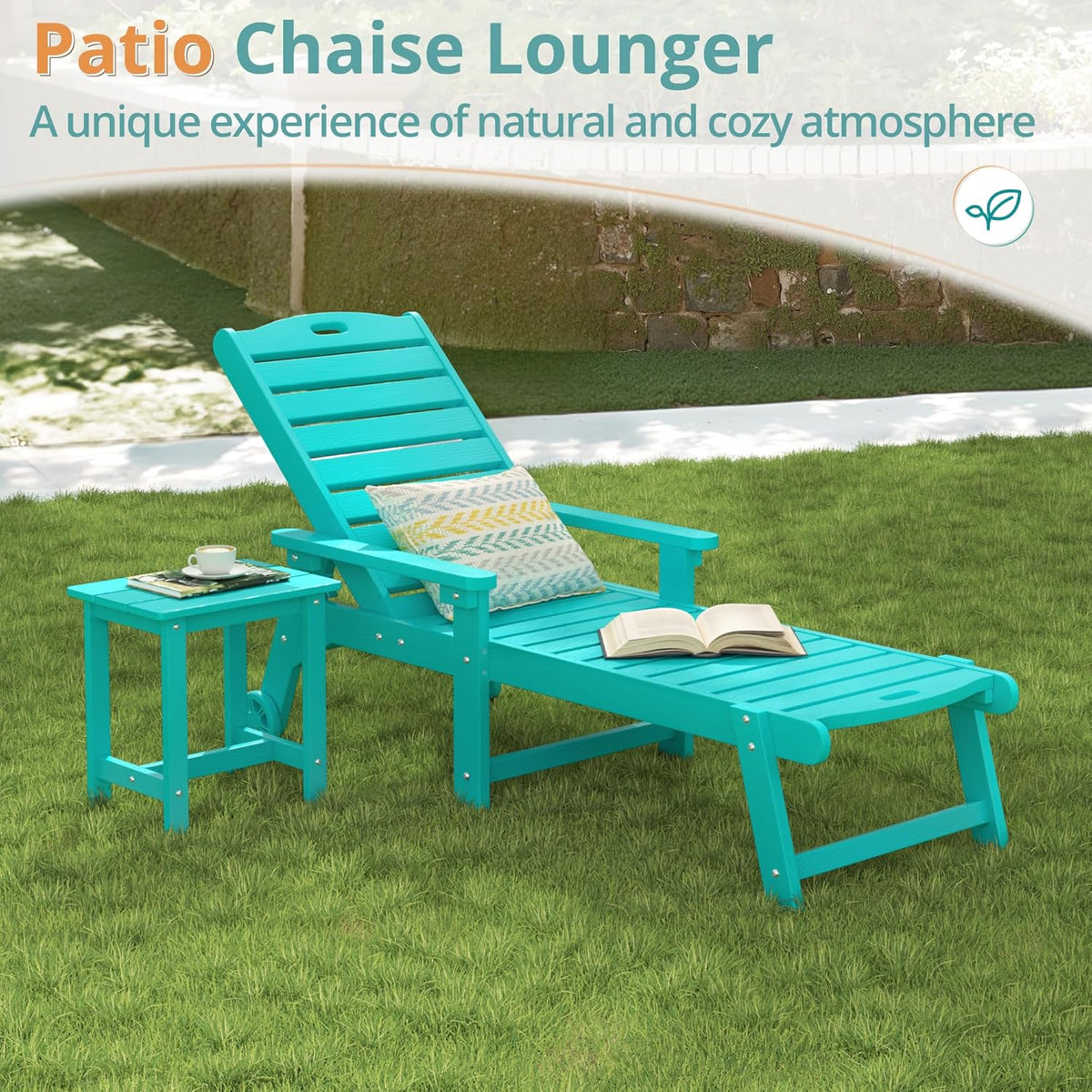 LUE BONA Lounge Chair Outdoor Set of 2, HDPS Chaise Lounge Outdoor with Wheels, 5 Positions Adjustable Pool Lounger Chairs for Outside, Patio, Aruba Blue