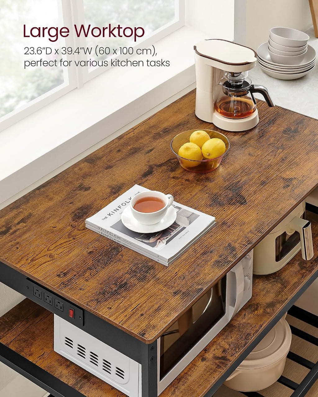 VASAGLE Kitchen Island with 3 Shelves, Storage Cabinet, Steel Structure | Kitchen Shelf with Large Wooden Worktop, 39.4 Inches Width, Rustic Brown and Matte Black, BARNET Collection UKKI105K01