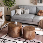Nesting Coffee Table Set of 2, Modern Round Coffee Table, Wooden Circle Accent Tables for Small Spaces Living Room Bedroom Balcony Office Drum Side Table, Brown Burl