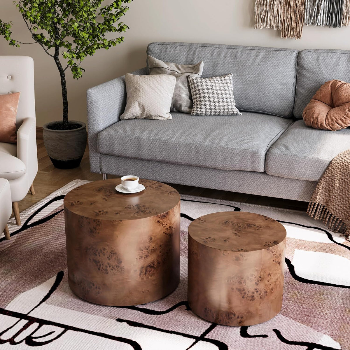 Nesting Coffee Table Set of 2, Modern Round Coffee Table, Wooden Circle Accent Tables for Small Spaces Living Room Bedroom Balcony Office Drum Side Table, Brown Burl