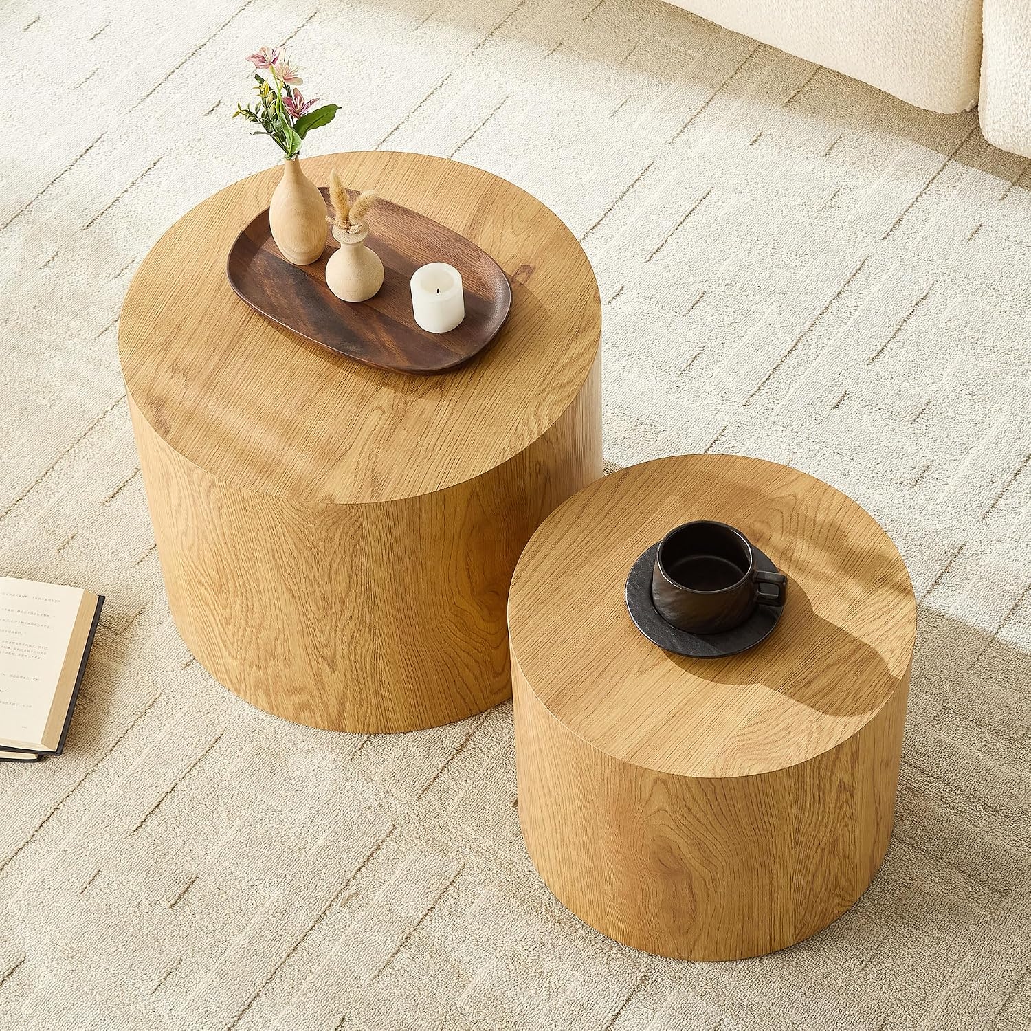 Nesting Coffee Table Set of 2, Modern Round Coffee Table, Accent Side Tables for Small Spaces Living Room Office,Wood