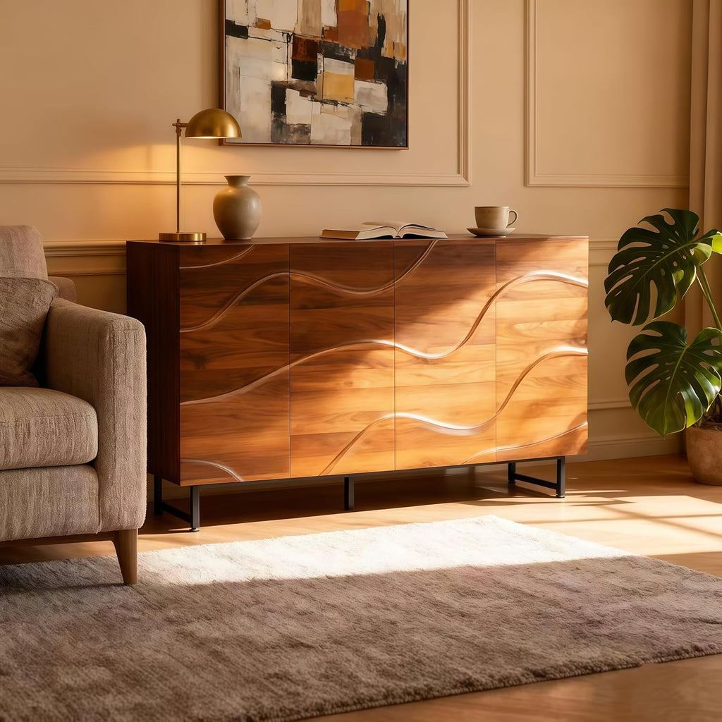 Modern Sideboard with Wave Relief Design, 59 Inch Solid Wood Storage Cabinet & Buffet with Iron Legs for Dining Room, Industrial TV Stand for Living Room, Walnut Finish (Wood + 1)