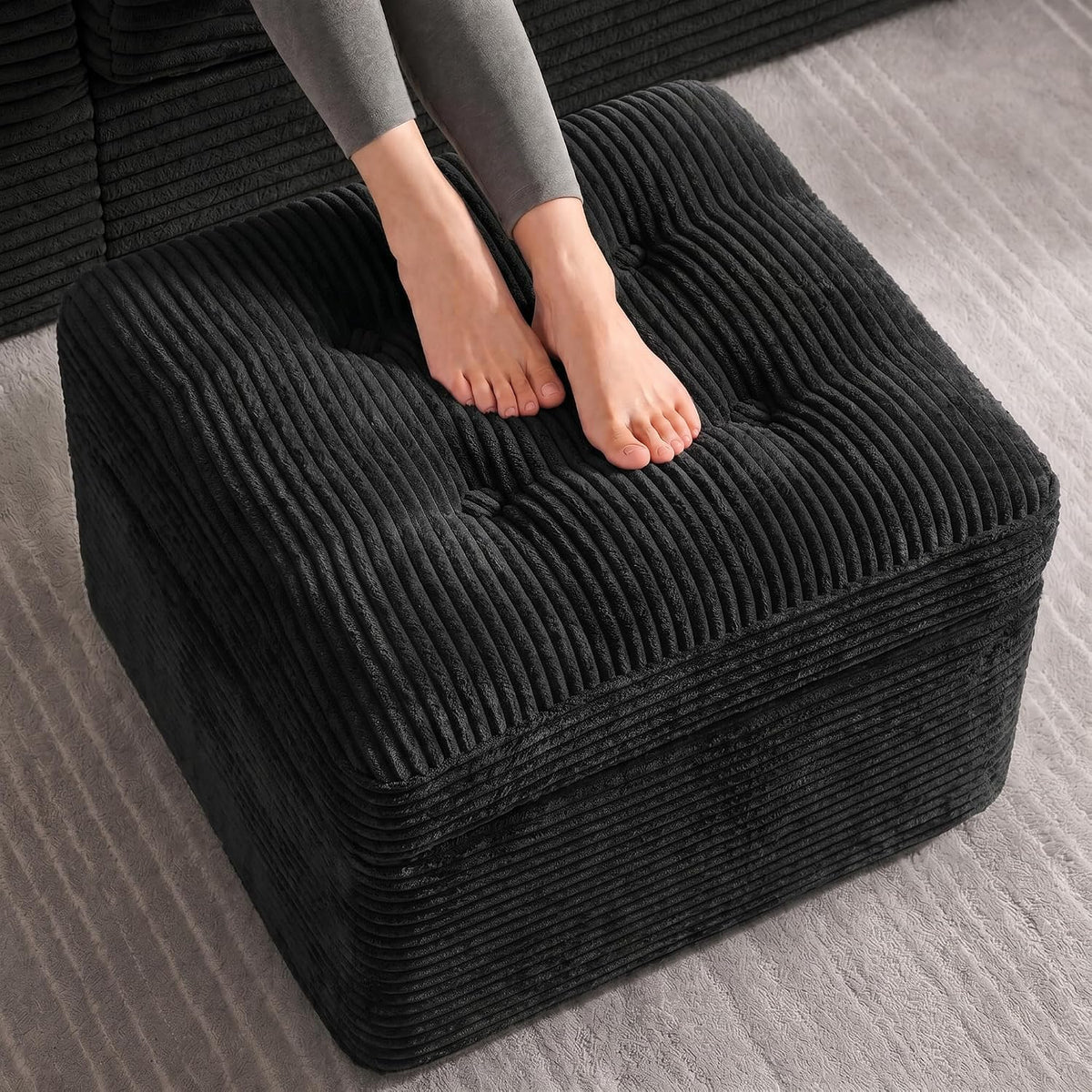 23.6in Pouf Ottoman, Corduroy Ottoman Foot Rest with Dual‑Layer Support, Large Plush Pouf with Soft Chunk‑Foam Top & Firm Foam Base, Floor Foot Stool for Living Room, Black