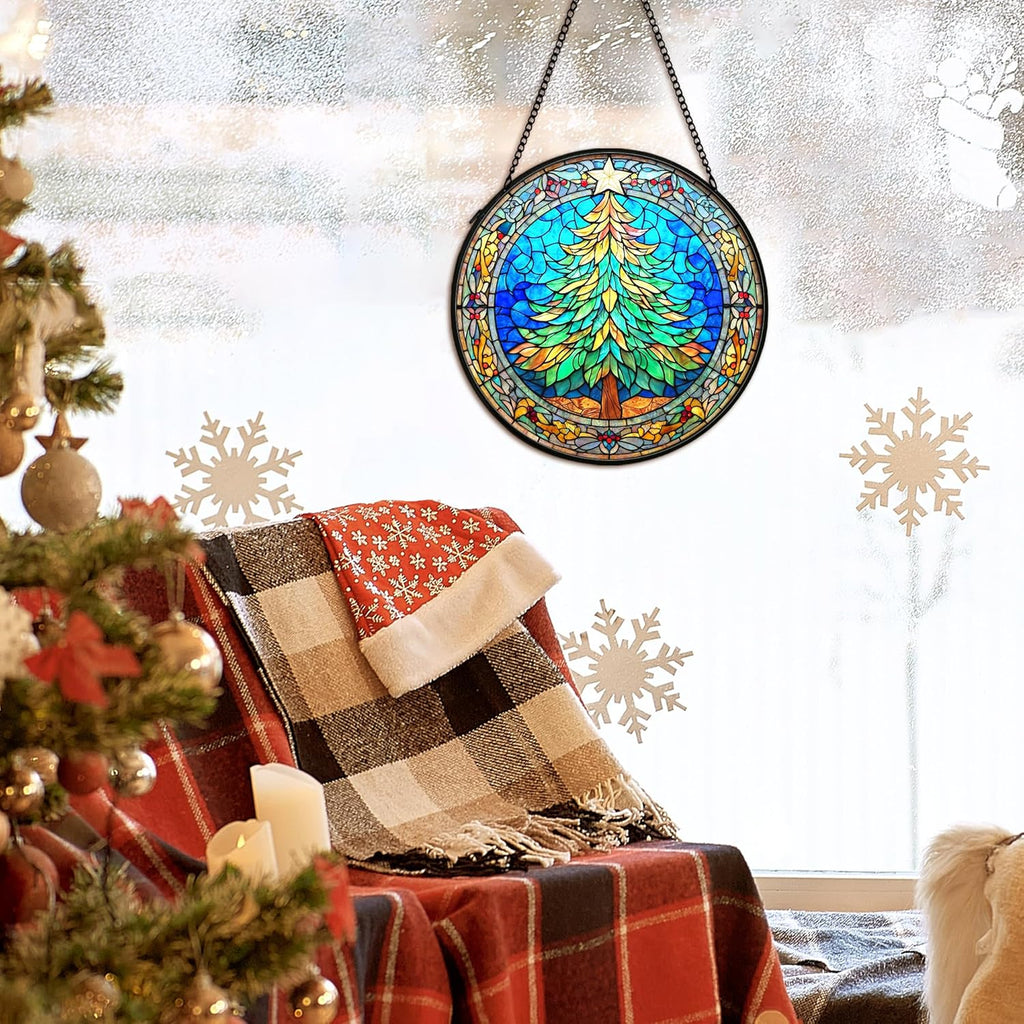 Christmas Tree Suncatcher Stained Glass Window Hanging Decor, Winter Xmas Tree Stained Glass Wall Decor, Christmas Garden Sun Catchers Indoor Window Hanging Wall Art Lawn, 7.9x7.9 Inch
