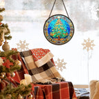 Christmas Tree Suncatcher Stained Glass Window Hanging Decor, Winter Xmas Tree Stained Glass Wall Decor, Christmas Garden Sun Catchers Indoor Window Hanging Wall Art Lawn, 7.9x7.9 Inch