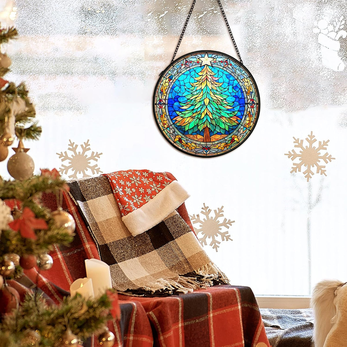 Christmas Tree Suncatcher Stained Glass Window Hanging Decor, Winter Xmas Tree Stained Glass Wall Decor, Christmas Garden Sun Catchers Indoor Window Hanging Wall Art Lawn, 7.9x7.9 Inch