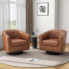 Pia Ricco Swivel Barrel Accent Chairs Set of 2, 360° Swivel Round Single Sofa Chair, Faux Leather Comfy Upholstered Club Armchair with Nailhead Trim for Living Room/Reading Room/Bedroom, Brown
