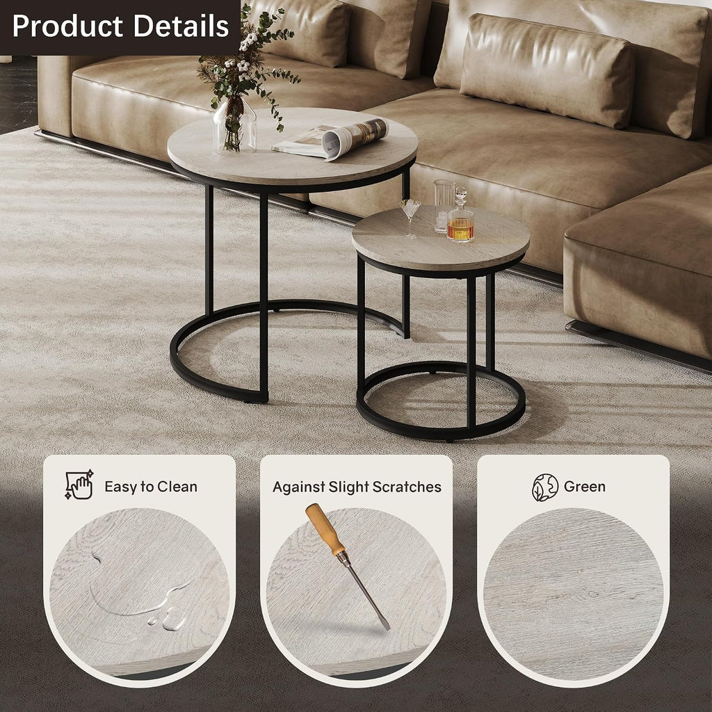 Otterease Nesting Tables Set of 2, Small Round Coffee Table for Living Room | Nesting Coffee Table with Adjustable Non-Slip Feet, Wood Grain Top Nesting Table for Living Room, Bedroom (Wood Grain Grey)