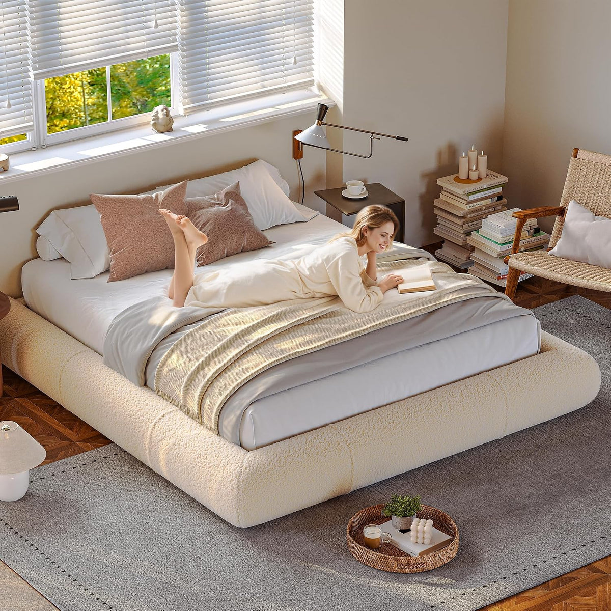 Homkdom Queen Boucle Platform Bed Frame with Anti-Collision Corners, Beige