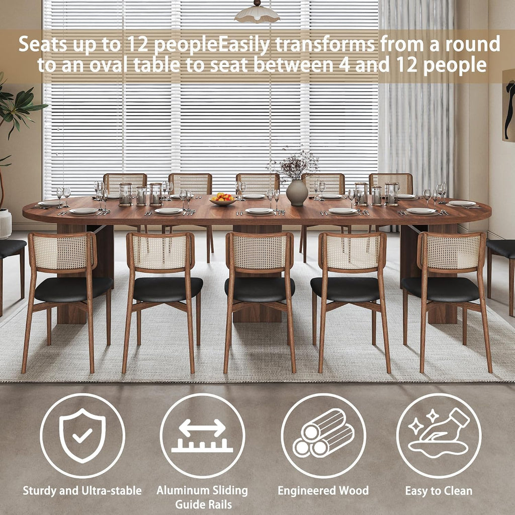 47-118 Inch Round Extendable Dining Table for 4-12, Kitchen Table with Wood Strip Base, Modern Oval Dining Room Table for Kitchen Living Room, Walnut