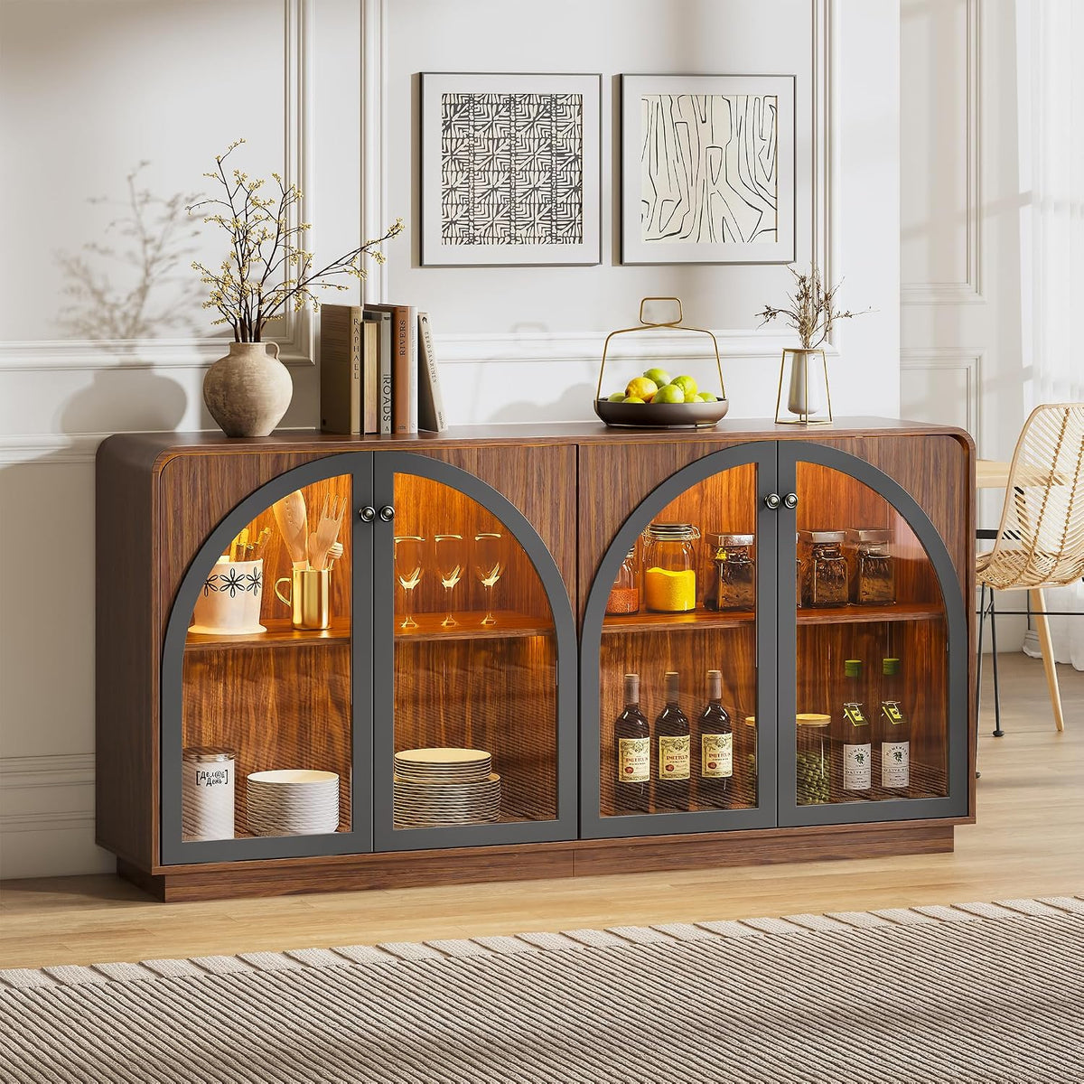 Sideboard Buffet Cabinet with Storage, 68" Walnut Credenza Accent Cabinet Buffet Table w/4 Arched Glass Doors & LED Light, Modern Coffee Bar Liquor Cabinet w/2 Shelves for Kitchen Entryway