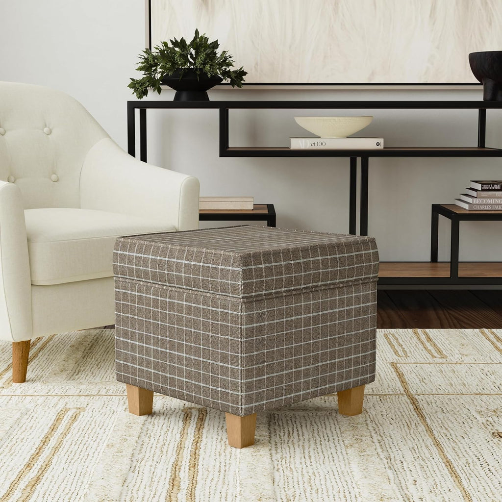 Homepop Home Decor Classic Square Storage Ottoman with Lift Off Lid | Ottoman with Storage for Living Room & Bedroom, Brown Window Pane Fabric