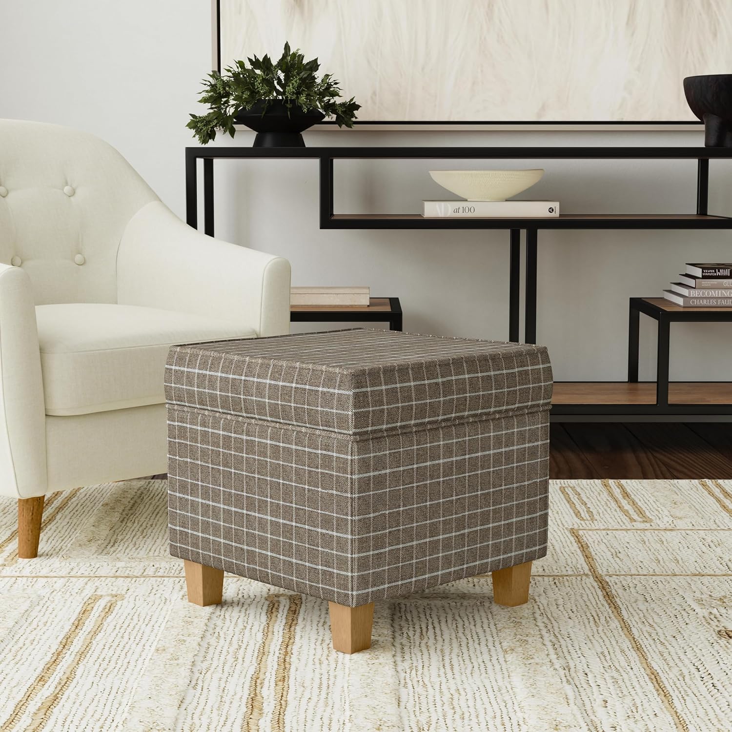 Homepop Home Decor Classic Square Storage Ottoman with Lift Off Lid | Ottoman with Storage for Living Room & Bedroom, Brown Window Pane Fabric