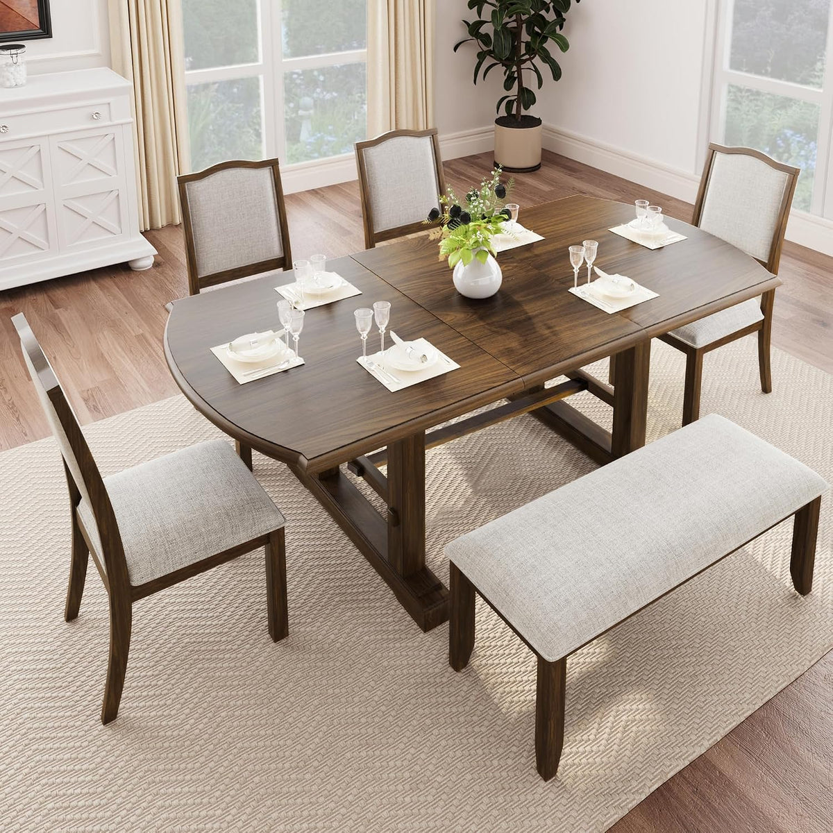 6-Piece Dining Table Set, 60inch to 78inch Extendable Wood Dining Table with Removable Leaf, Kitchen Table Set with 4 Upholstered Side Chair and Bench, Dining Table Set for 6 (Brown)