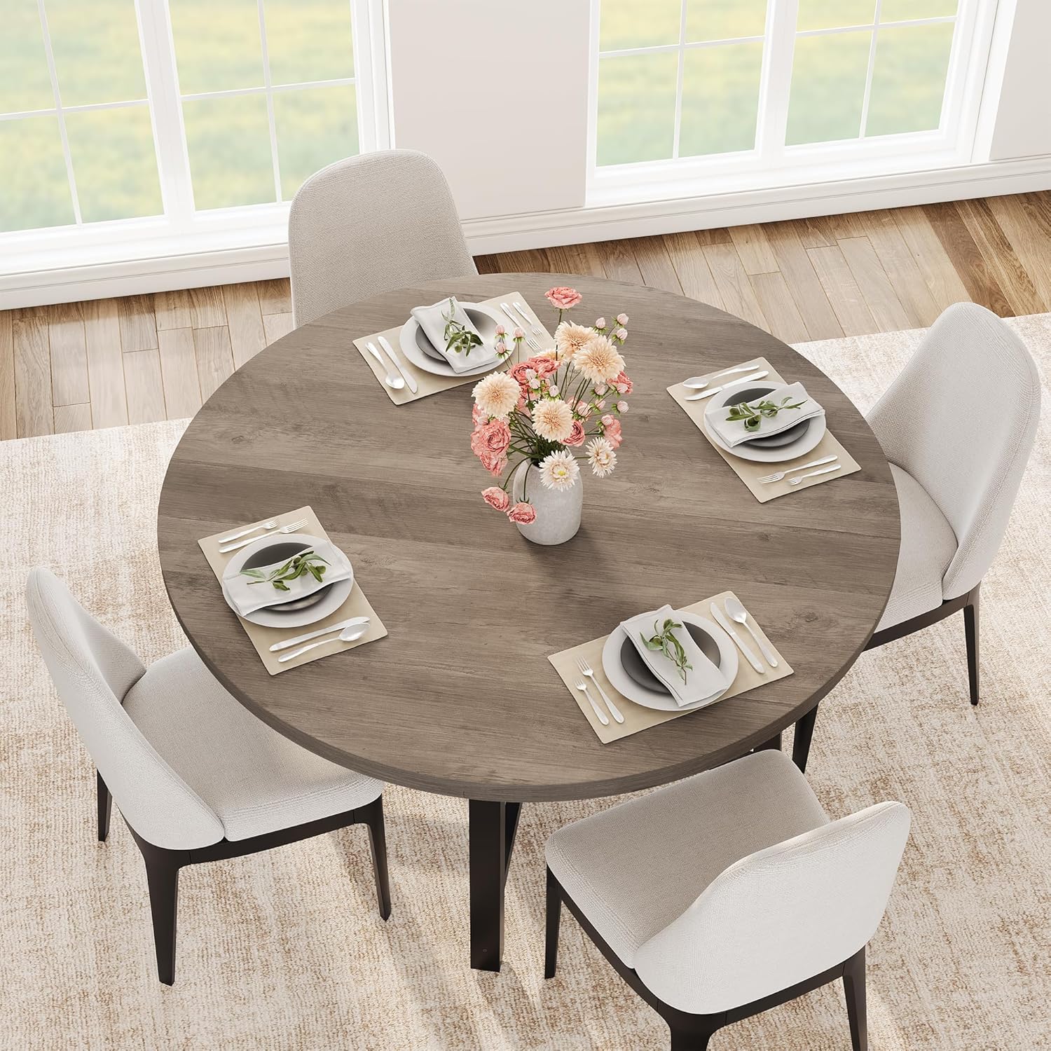 47 Inch Round Dining Table for 4-6 People, Modern Kitchen Table with Wood Metal Industrial Design, Circle Diner Table for Small Space Home Kitchen-Rustic Grey