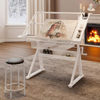 Drafting Table w/Art Stool, Hand Crank Height Adjustable Drawing Desk for Adults with Tilting Glass Top (0-70°), 2 Storage Drawers, Artist Table for Painting & Sketching(White)