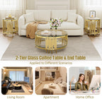 Round Glass End Table, 19" Modern 2-Tier Side Table with Clear Tempered Glass Top and Gold Stainless Steel Base for Living Room or Bedroom