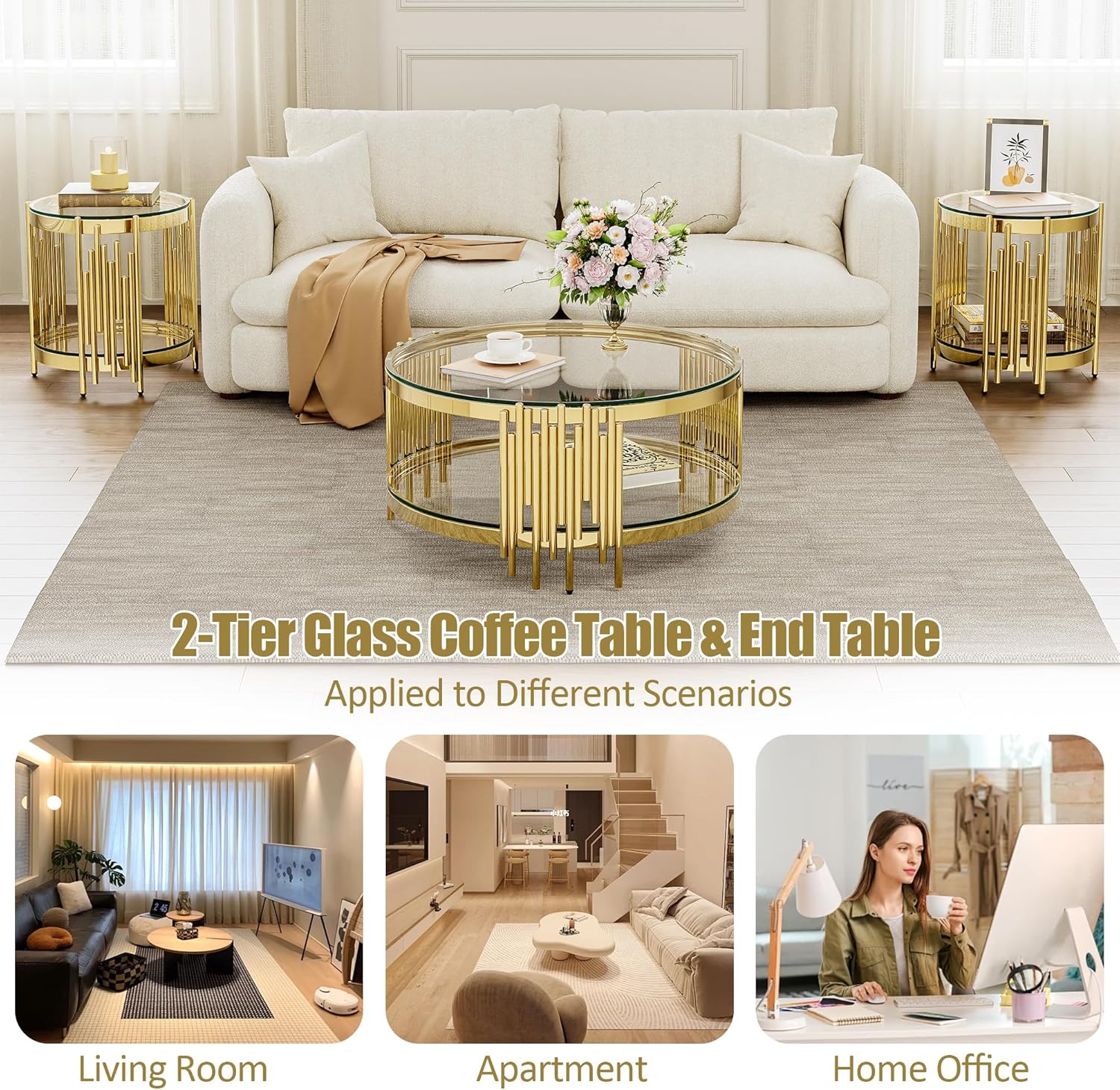 Round Glass End Table, 19" Modern 2-Tier Side Table with Clear Tempered Glass Top and Gold Stainless Steel Base for Living Room or Bedroom