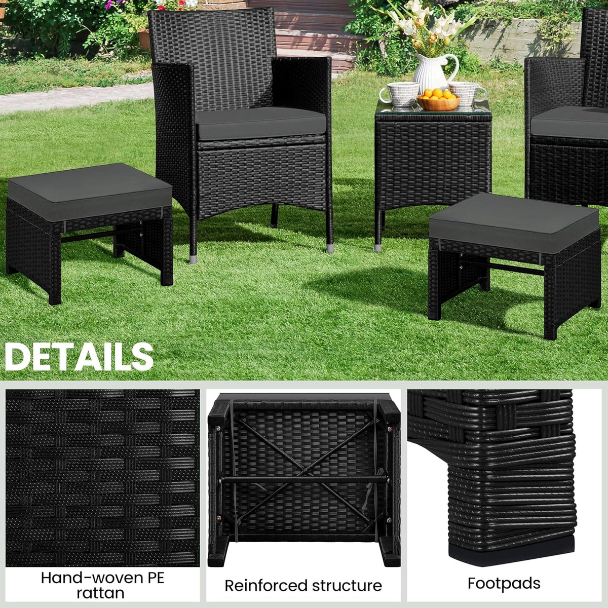 Yaheetech Wicker Ottomans, Set of 2 Footrest with Removable Cushion, 2pcs PE Rattan Side Table Additional Seating Multipurpose Outdoor Furniture for Patio, Backyard, Black/Gray